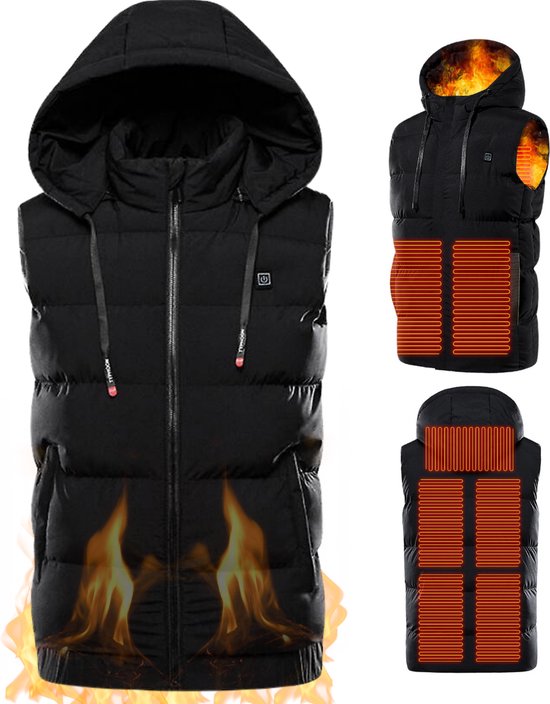 Zwarte bodywarmer met capuchon, met verwarmingselementen en vlammen.
