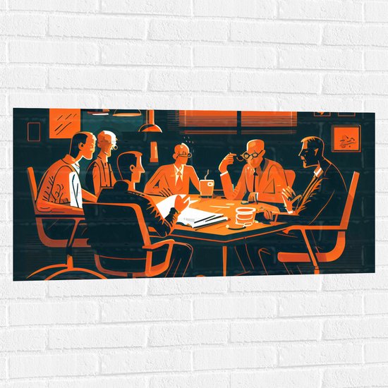Muursticker - Vergadering - Mensen - Zakelijk - Oranje - Tekening - 100x50 cm Foto op Muursticker