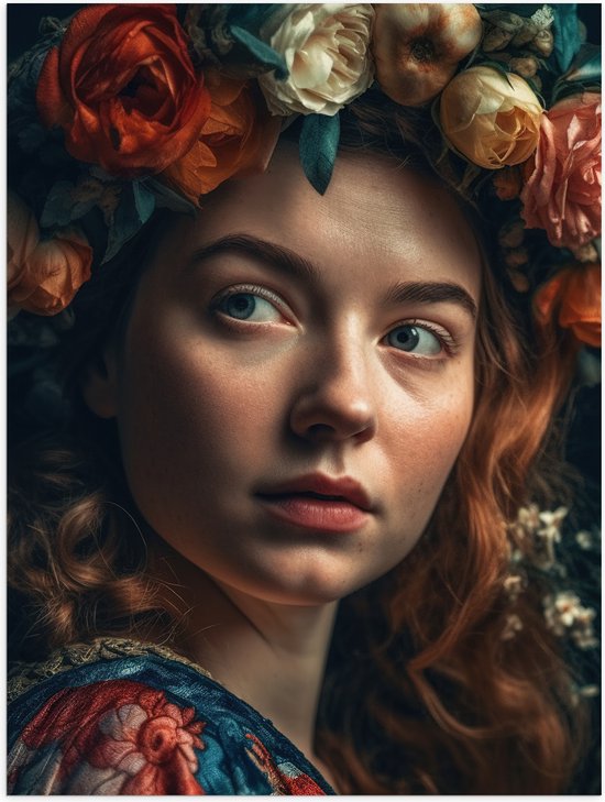 Poster Glanzend – Vrouw - Gezicht - Haarband - Bloemen - 75x100 cm Foto op Posterpapier met Glanzende Afwerking