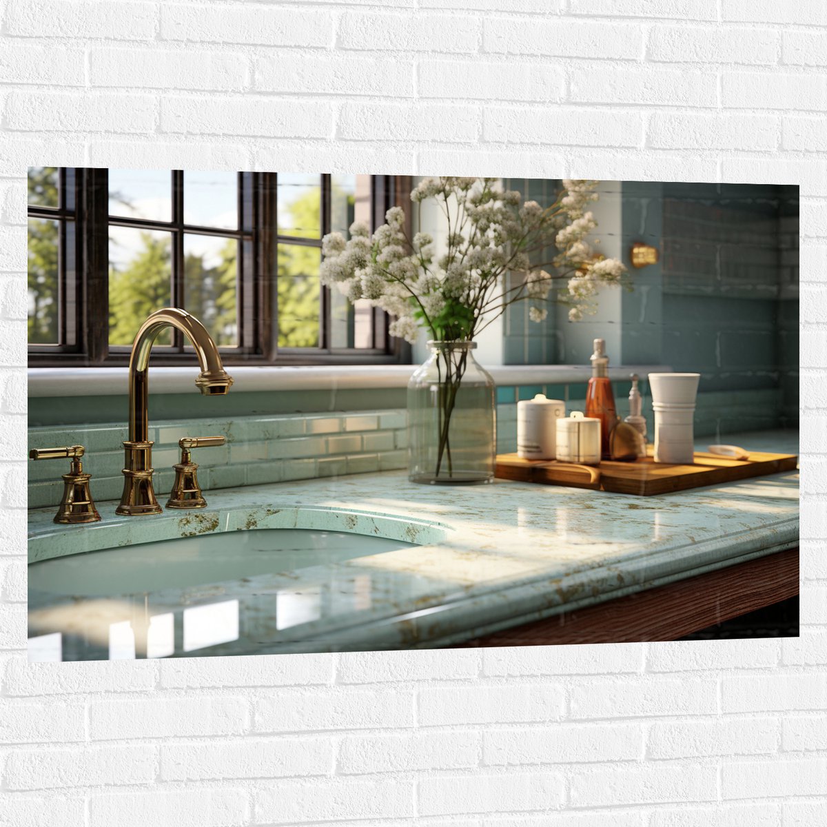 Muursticker - Keuken - Aanrecht - Wasbak - Bloemen - Raam - Kraan - Marmer - Goud - 120x80