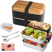 Bento Box in Japanse stijl, 2-traps lunchbox met 2 stuks milieuvriendelijke PP-containers en roestvrijstalen containers, broodtrommel met vakken voor kinderen en volwassenen, snackverpakking