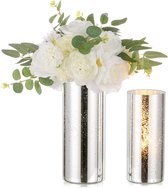 Zilveren glazen lantaarn, groot: set van 2 kandelaars, stompkaarsen, glazen lantaarns, glazen set, kwikvazen, decoratieve kaarsenhouder, glazen cilinder met voet voor conische kaarsen, drijvend