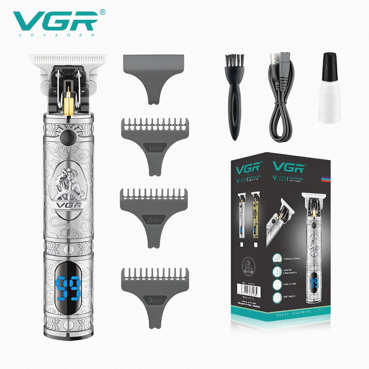 VGR V-228 Premium Haar Trimmer Voor Mannen, Professionele USB Cordless Opladen Haar Tondeuse met LED Digitale Display