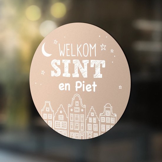 Label2x - Sticker Welkom Sint en Piet Huisjes - Raamsticker - Sinterklaas 60 cm Beige - Sinterklaas decoratie - Sinterklaas versiering