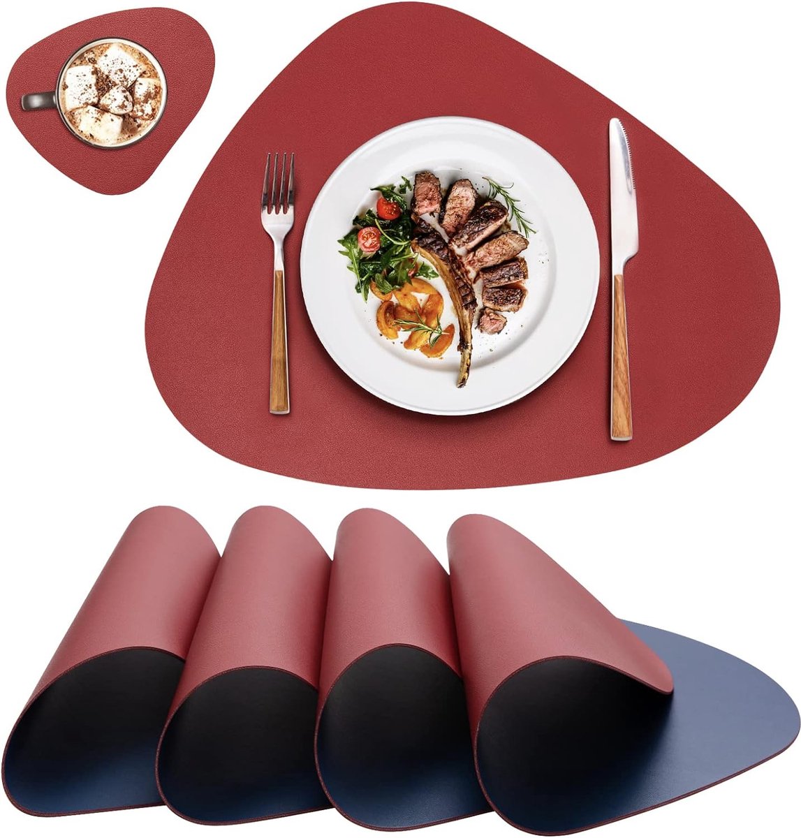 Placemats, afwasbaar, rond, set van 4 placemats (42 x 32 cm) + 4 onderzetters (rood en blauw)