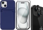 Hoesje Pasjeshouder geschikt voor iPhone 15 Plus - Screenprotector FullGuard + Camera Lens Screen Protector Zwart - Siliconen Case Back Cover Blauw