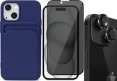 Hoesje Pasjeshouder geschikt voor iPhone 15 Plus - Privacy Screenprotector FullGuard + Camera Lens Screen Protector Zwart - Siliconen Case Back Cover Blauw