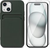 Hoesje Pasjeshouder geschikt voor iPhone 15 Plus - Screenprotector GlassGuard - Siliconen Case Back Cover Groen & Screen Protector