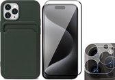 Hoesje Pasjeshouder geschikt voor iPhone 15 Pro Max - Screenprotector FullGuard + Camera Lens Screen Protector - Siliconen Case Back Cover Groen