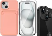 Hoesje Pasjeshouder geschikt voor iPhone 15 - Screenprotector GlassGuard + Camera Lens Screen Protector Zwart - Siliconen Case Back Cover Roze