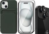 Hoesje Pasjeshouder geschikt voor iPhone 15 Plus - Screenprotector FullGuard + Camera Lens Screen Protector Zwart - Siliconen Case Back Cover Groen