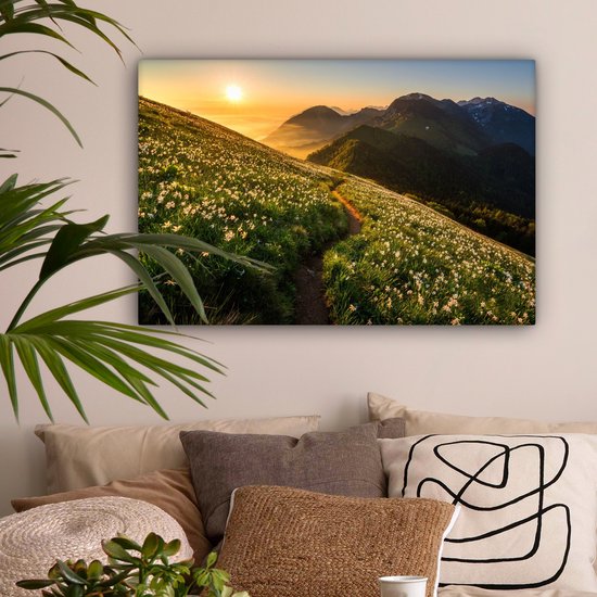 Canvas schilderij 180x120 cm - Wanddecoratie Bloemen - Zon - Bergen - Muurdecoratie woonkamer - Slaapkamer decoratie - Kamer accessoires - Schilderijen