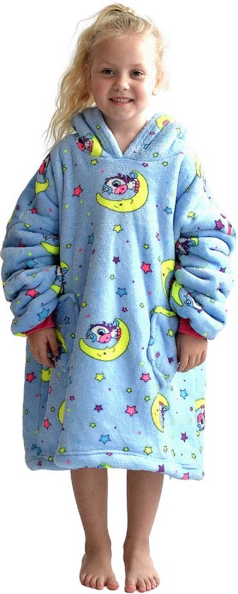 Éénhoorn fleece deken met mouwen en capuchon voor kinderen - fleece kinder poncho - plaid met mouwen - hoodie deken met mouwen - hoodie blanket - maat 134 t/m 158 (8-12 jr) - lichtblauw