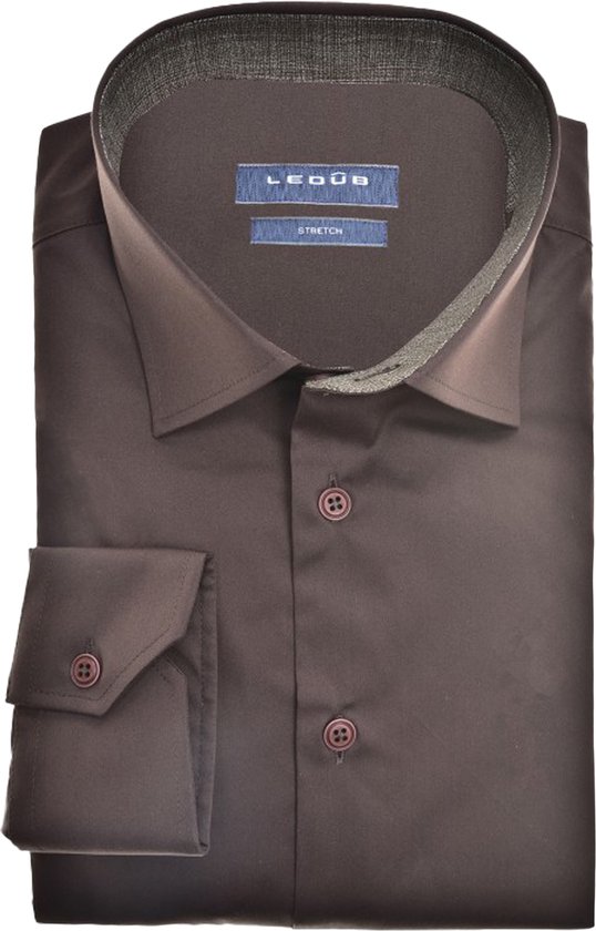 Ledub modern fit overhemd - donkerbruin - Strijkvriendelijk - Boordmaat: 42