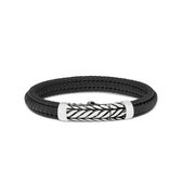 SILK Jewellery - Zilveren Armband - Zipp - 158BLK.22 - zwart leer - Maat 22