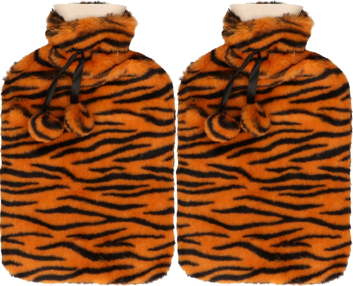 Goedkoopste H&S Collection Warmwaterkruik - 2x - met zachte dierenprint hoes - oranje/zwart - 1,75L - kruik