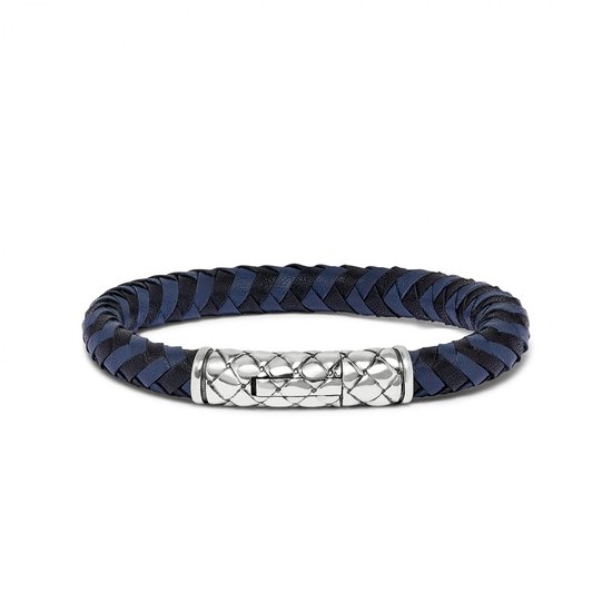 SILK Jewellery - Zilveren Armband - Crossline - 423BBU.19 - blauw/zwart leer - Maat 19