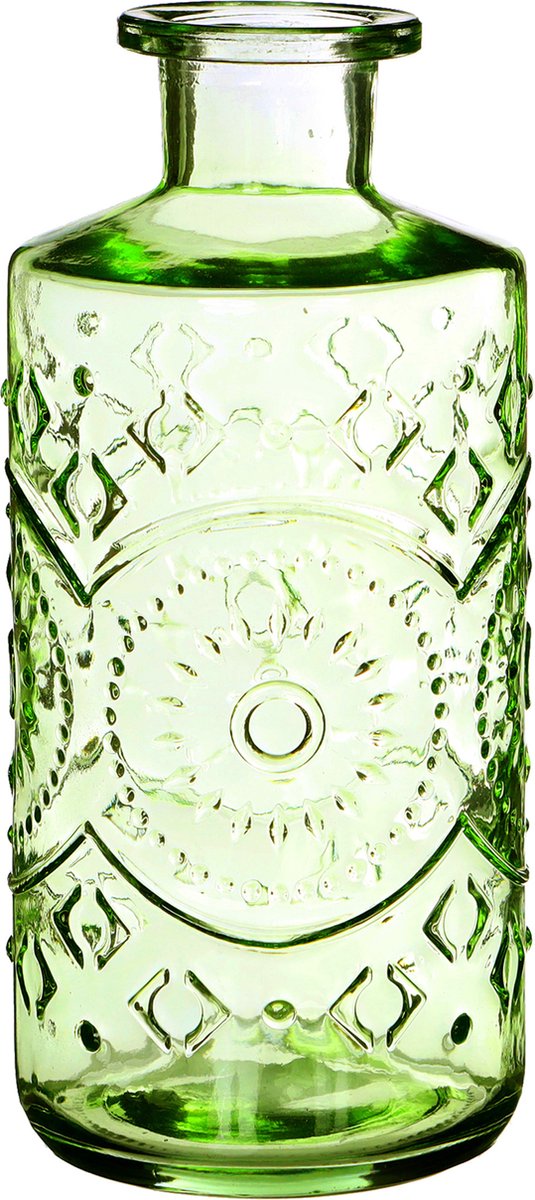 Ideas4seasons Bloemenvaas/flesvaas Berlin - met motief - helder glas - lichtgroen - 9 x 21 cm