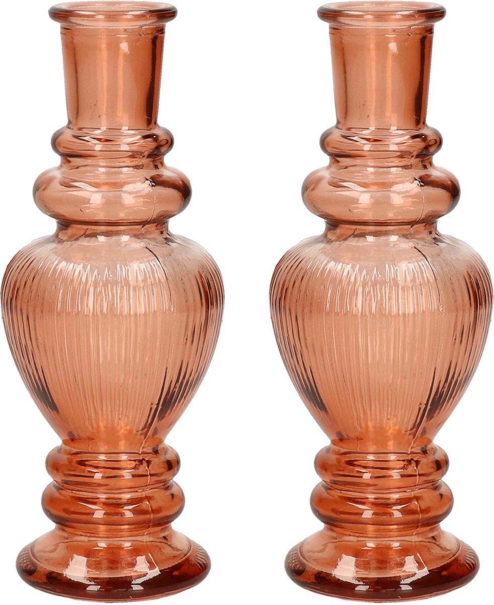 Ideas 4 Seasons Bloemenvaas Venice - 2x - voor kleine stelen/boeketten - gekleurd sierglas - ribbel zacht oranje - D5.7 x H15 cm