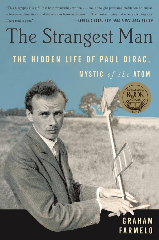 Boekomslag van "The Strangest Man" met een sepiafoto van Paul Dirac met een modelraket.
