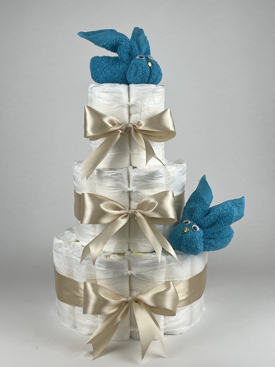 Chouette-Chouette | Luiertaart Jongen | Kraamcadeau | Geboorte Jongen | Babyshower | Konijnen Aqua blauw - Beige
