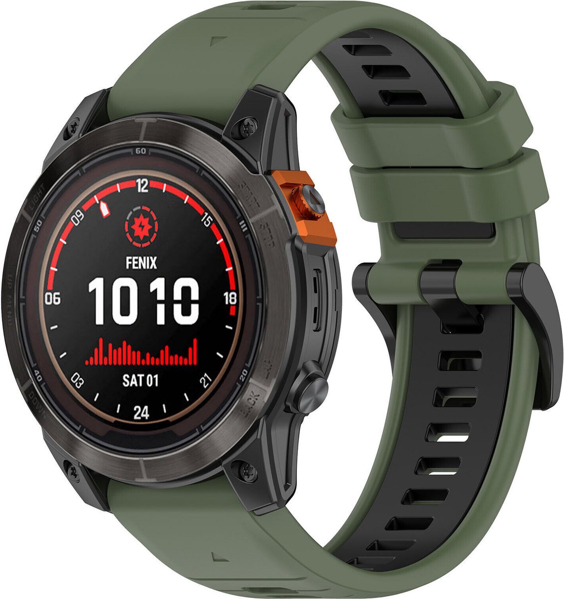 Strap-it siliconen sport bandje geschikt voor Garmin Fenix 5 - Plus / Fenix 6 - Pro / Fenix 7 (Pro - Sapphie - Solar) / Fenix 8 - 47mm / Quatix 5-6-7 / Epix Gen 2 - 47mm / Forerunner 935 / 945 / 955 / 965 - 22mm quickfit band - groen/zwart