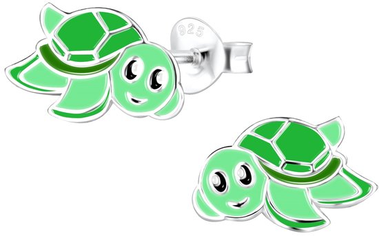 Joy|S - Zilveren schildpad oorbellen - groen