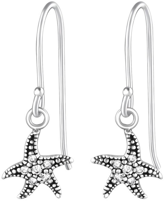 Joy|S - Zilveren zeester oorbellen met zirkonia's - Star fish oorhangers - geoxideerd