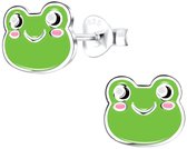 Joy|S - Zilveren kikker oorbellen - 8 x 7 mm - groen - kinderoorbellen