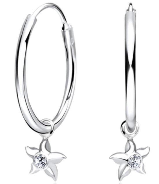 Joy|S - Zilveren ster bedel oorbellen - oorringen 16 mm - zeester met zirkonia