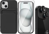 Hoesje Pasjeshouder geschikt voor iPhone 15 - Screenprotector GlassGuard + Camera Lens Screen Protector Zwart - Siliconen Case Back Cover Zwart