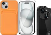 Hoesje Pasjeshouder geschikt voor iPhone 15 Plus - Screenprotector GlassGuard + Camera Lens Screen Protector Zwart - Siliconen Case Back Cover Oranje