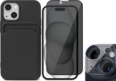 Hoesje Pasjeshouder geschikt voor iPhone 15 Plus - Privacy Screenprotector FullGuard + Camera Lens Screen Protector - Siliconen Case Back Cover Zwart