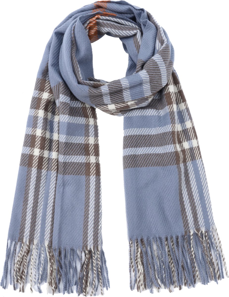Nouka Licht Blauwe Multicolor Dames Sjaal - Warme & Lichte Sjaal – Herfst / Winter – Geruit Patroon - met Franjes - 70 x 200 cm