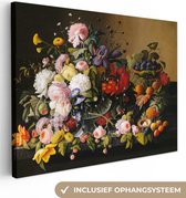 Canvas - Schilderij Stilleven met bloemen en fruit - Kunstwerk - Oude meesters - 80x60 cm - Muurdecoratie - Woonkamer