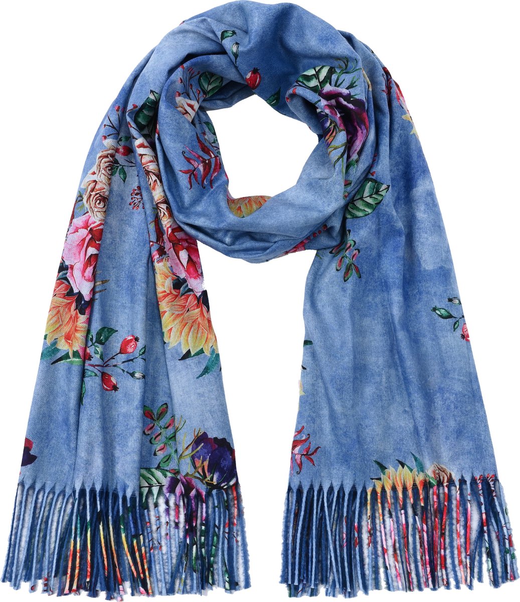 Nouka Blauwe Multicolor Dames Sjaal - Warme & Lichte Sjaal – Herfst / Winter – Bloemenprint - met Franjes - 70 x 200 cm