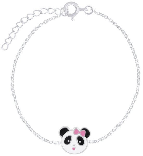 Joy|S - Zilveren panda armband - 14 cm + 3 cm - panda met roze strikje - voor kinderen