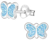 Joy|S - Zilveren vlinder oorbellen - blauw met glitter - voor kinderen