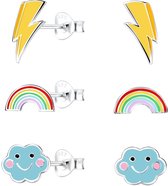 Joy|S - Zilveren wolkje | bliksem | regenboog oorbellen - set 3 paar - kinderoorbellen