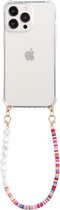 Casies Apple iPhone 15 Plus hoesje met koord - Kleurrijke kralen en parel mix ketting - short size - Cord Case Candy Beads Pearl