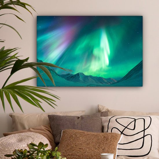 Belles aurores boréales sur les montagnes Toile 60x40 cm - Tirage photo sur toile (Décoration murale salon / chambre)