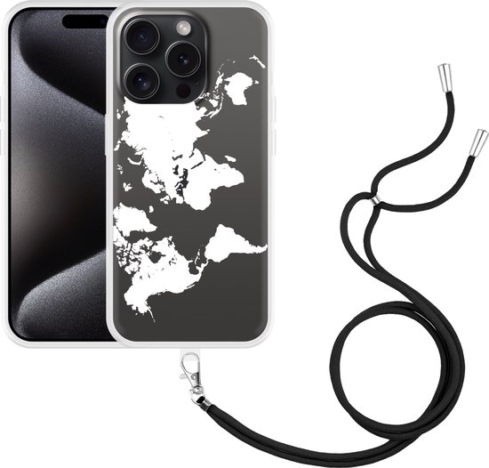 Foto: Cazy hoesje met koord geschikt voor iphone 15 pro world map