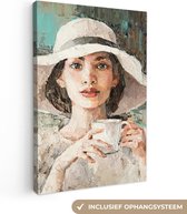 Canvas - Schilderij - Olieverf - Vrouw - Koffie - Hoed - 60x90 cm - Schilderijen op canvas - Interieur