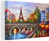 Canvas - Schilderij - Parijs - Water - Eiffeltoren - Stad - Olieverf - 30x20 cm - Muurdecoratie - Interieur