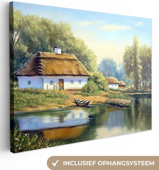 Canvas - Schilderij - Huis - Water - Boot - Kunst - Olieverf - Canvas doek - Schilderijen op canvas - 80x60 cm - Foto op canvas - Wanddecoratie - Woonkamer