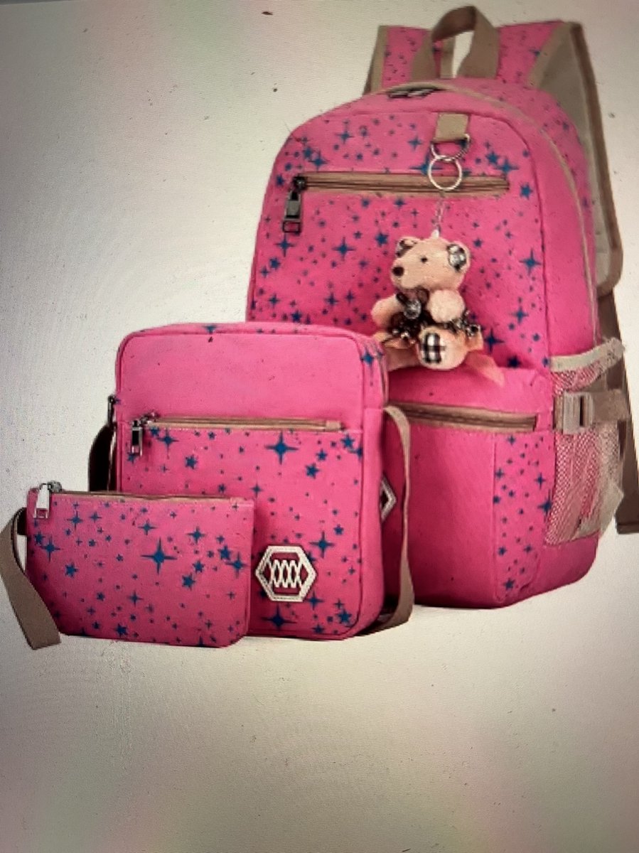 3-delige set, rugtas-schoudertas, handtas, roze