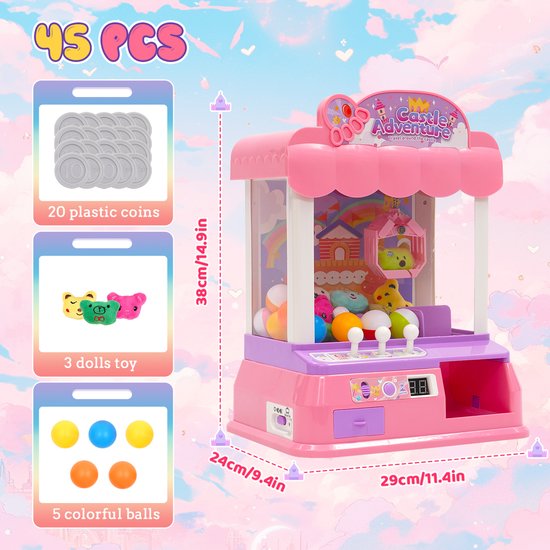 Klauwmachine - Claw Machine - Mini klauw machine - Snoep gashapon machine - Met munten, knuffels, gashapon - Speelgoed voor 3-jarige kinderen - Verjaardagscadeaus - Feestdagen cadeau (roze)