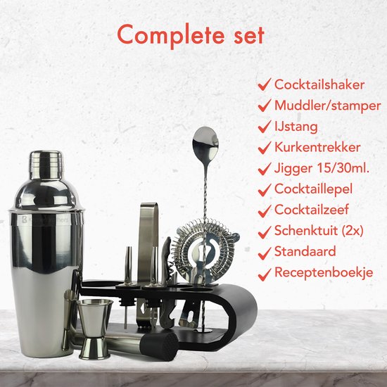 KitchenBrothers Cocktail Set - 11 delig - Inclusief Cocktail Shaker (750ml) - Compleet voor Cocktailbar - Zwart/Bamboe - Cocktailset - BPA-Vrij - Met Receptenboekje - Cadeauverpakking