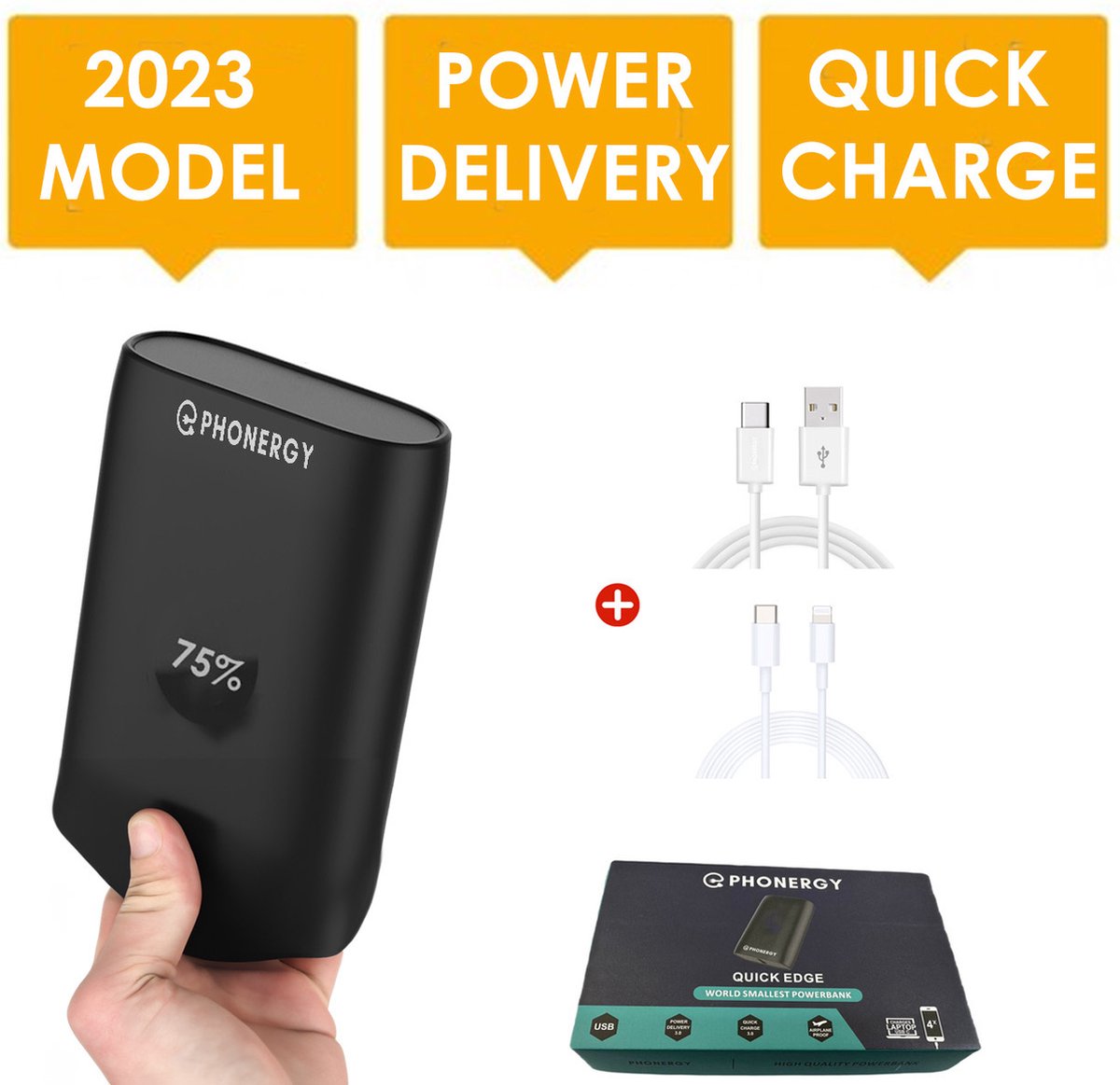 Phonergy Quick Edge - Powerbank - Powerbank 10000 mAh - USB/Micro-USB/USB-C - 3 poorten - Quick charge - Power delivery - Powerbank iPhone - Powerbank Samsung- Zwart