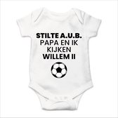 Soft Touch Rompertje met Tekst - Ssst, Papa en ik kijken Willem II romper - Wit/Zwart | Baby rompertje met leuke tekst | | kraamcadeau | 0 tot 3 maanden | GRATIS verzending